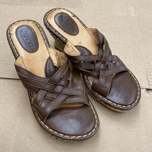 Born Sandel Cork Wedge Heel Brown Woven Leather Slip-on Women Size 7